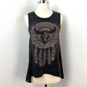 One Clothing Sheer Black Tribal Cow Skull Tank Top SM Biker Boho Festival Goth